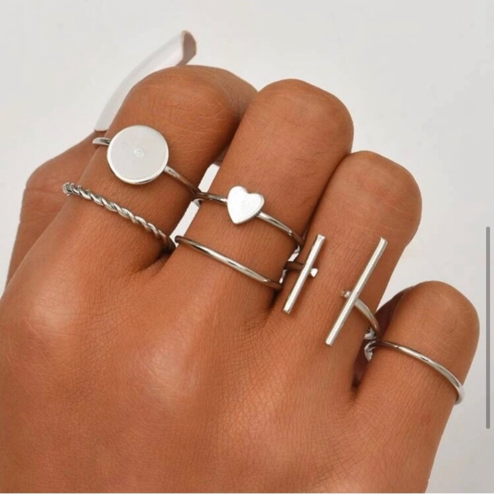 Silver bar cuff heart ring set - Picture 4 of 4